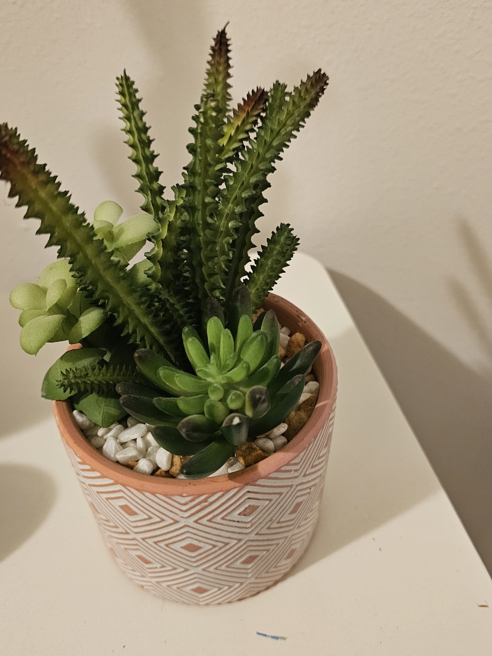 Green Artificial Succulent Arrangement in Pink Geometric Pot